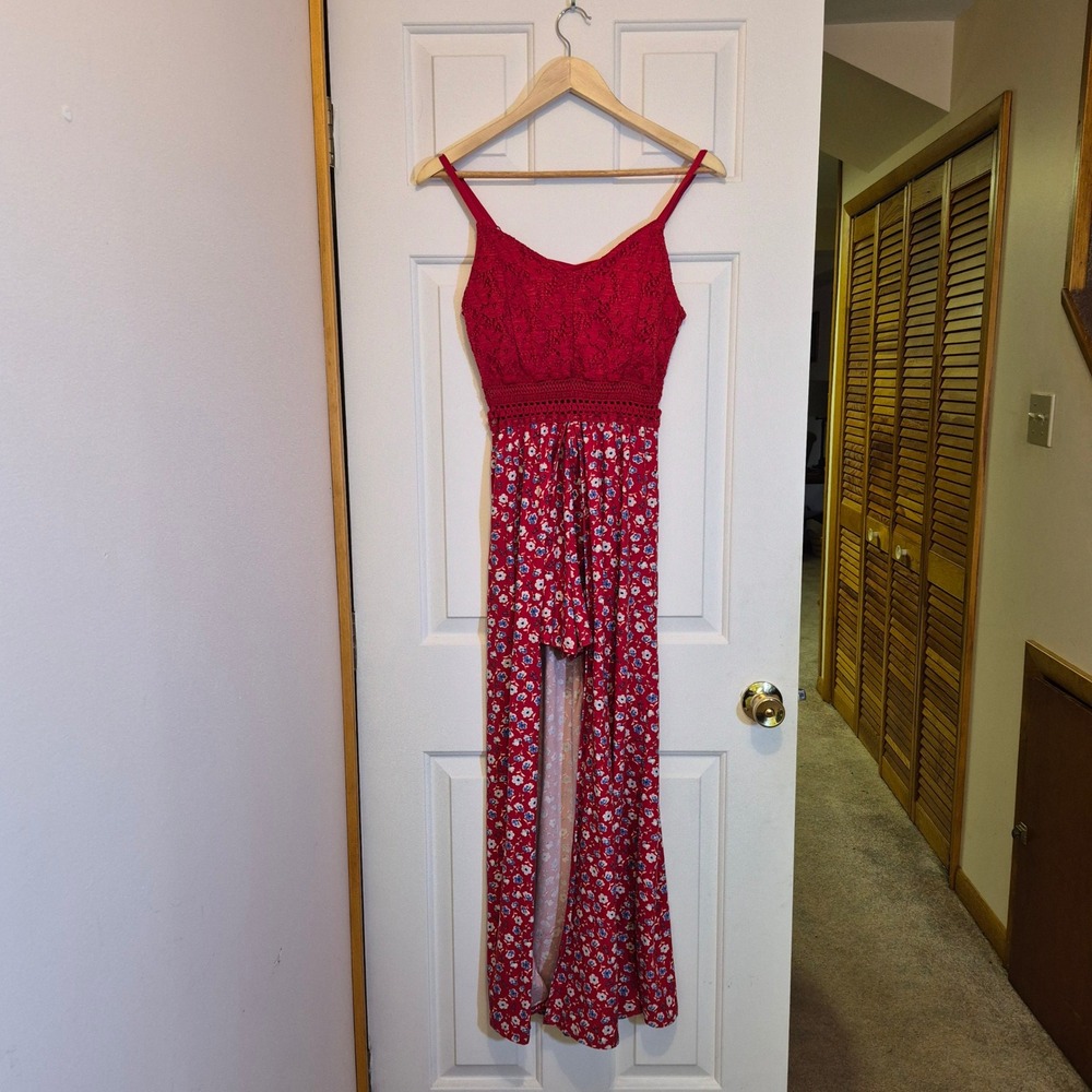 No Boundaries Red Floral Lace Bodice Maxi Romper Dress Size M 7-9 Boho Festival
